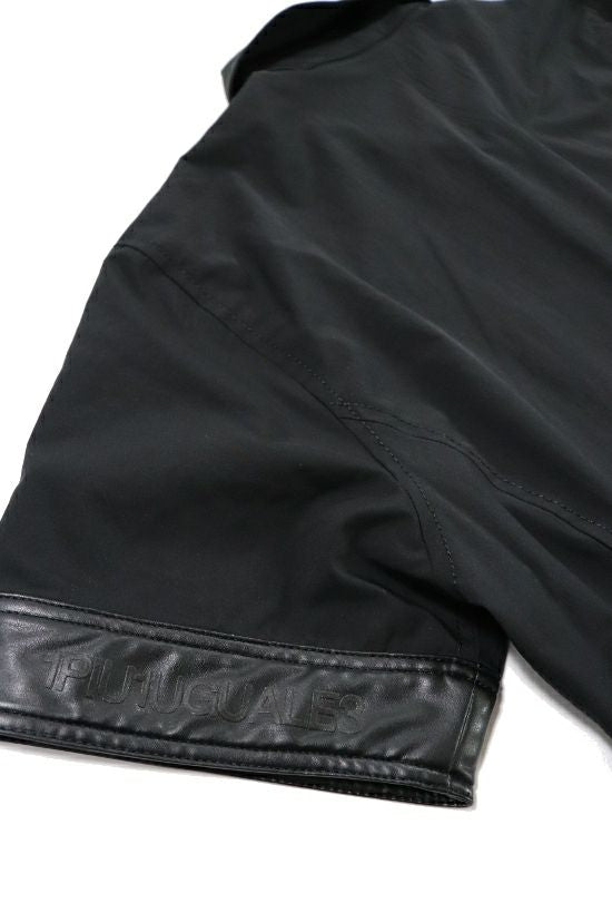 1PIU1UGUALE3 コーチシャツジャケット 半袖 フェイクレザー切り替え袖  (black/gold) Sサイズ