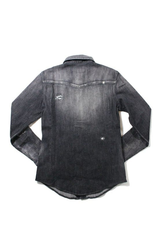 1PIU1UGUALE3 ダメージデニム レインボーウエスタン 長袖シャツ (black used) Sサイズ